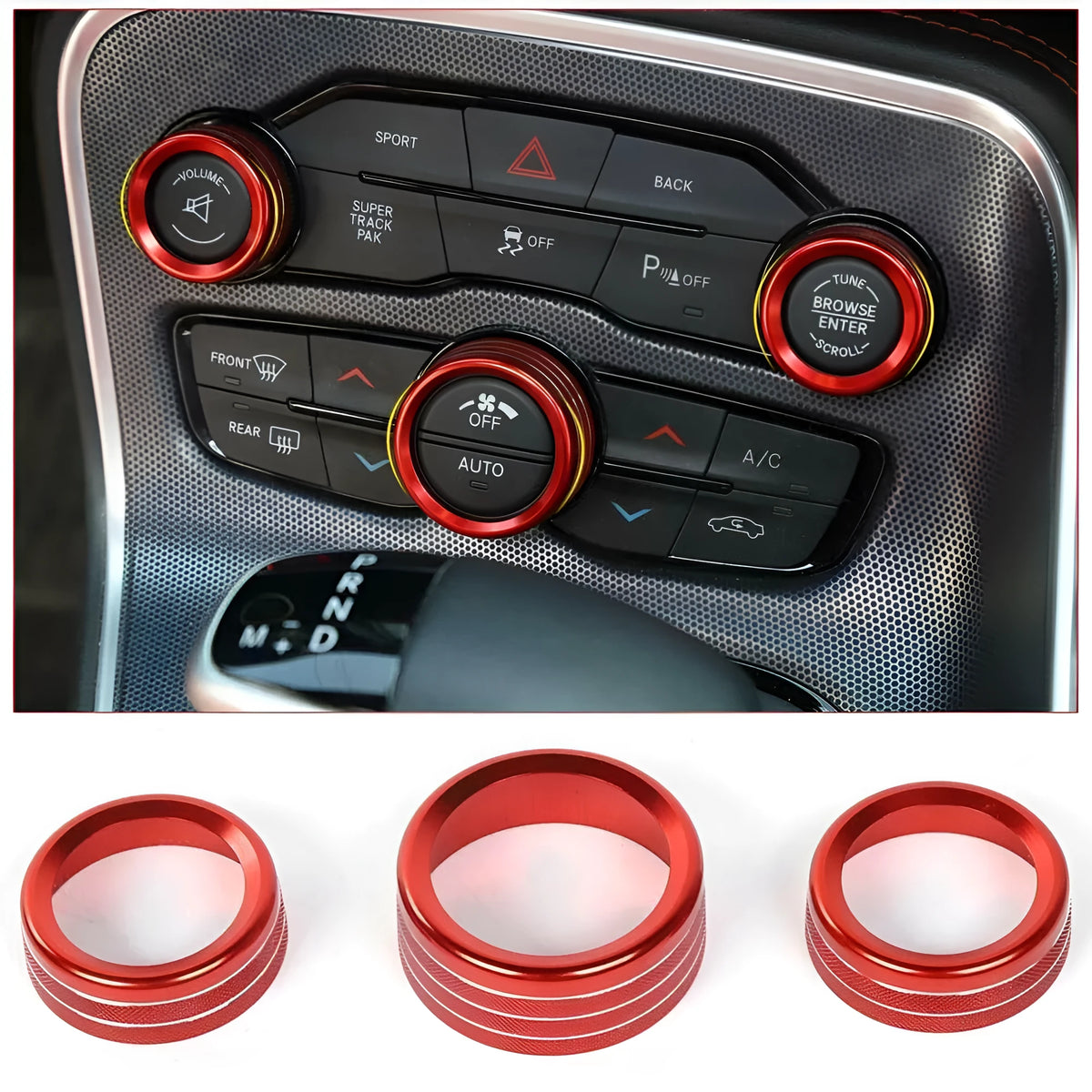 Aluminium alloy decorative ring for Dodge Challenger and Grand Cherokee air conditioning knob in assorted colours.