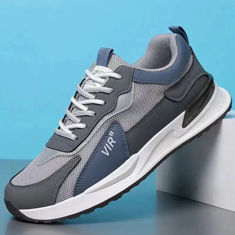 Men's colour block mesh lace-up running shoes in black, grey and white on a white background.