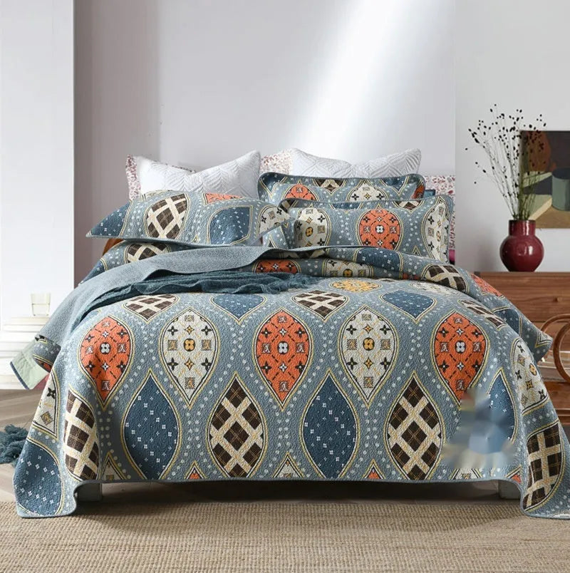 Pure cotton bedspread three-piece set with geometric pattern showing bed cover and pillowcases