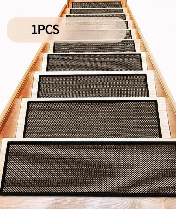 Japanese-style solid colour linen-look stair mat with rubber backing on a wooden step.