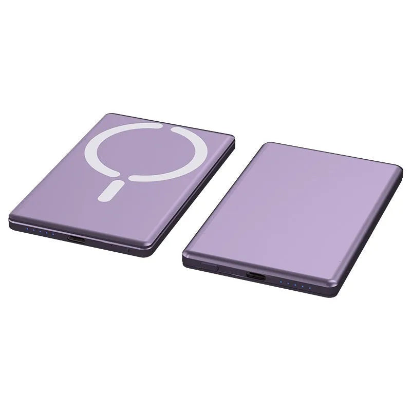Ultra-thin black magnetic power bank showing 9mm side profile and rectangular 105x66mm shape