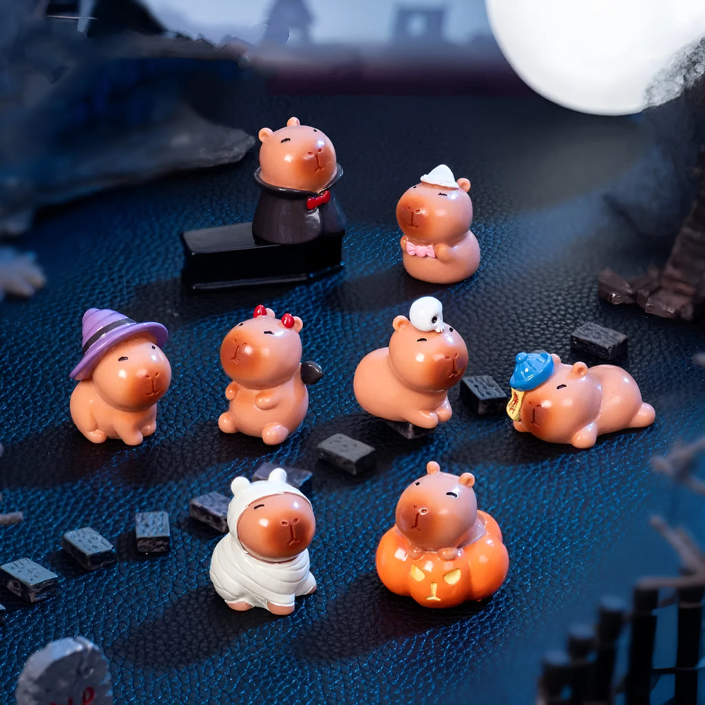 Capybara-shaped Halloween resin decorations showing eight different character designs