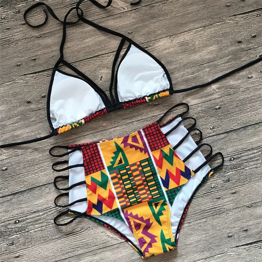 Women's high waist split bikini swimsuit with digital print pattern and backless top in polyester blend fabric