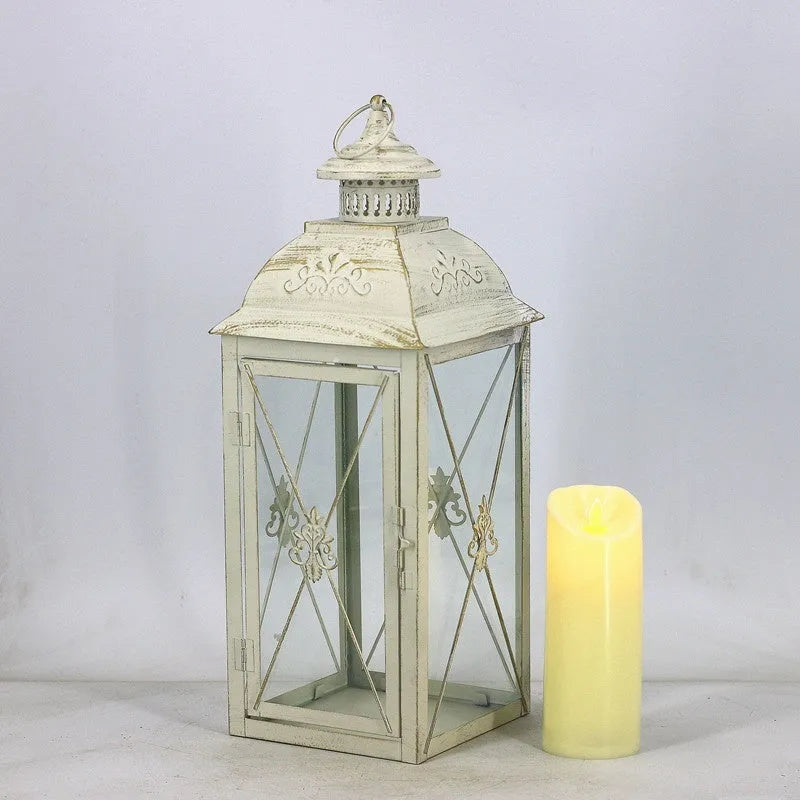 European style wrought iron floor-standing storm lantern with tempered glass panels for garden decoration