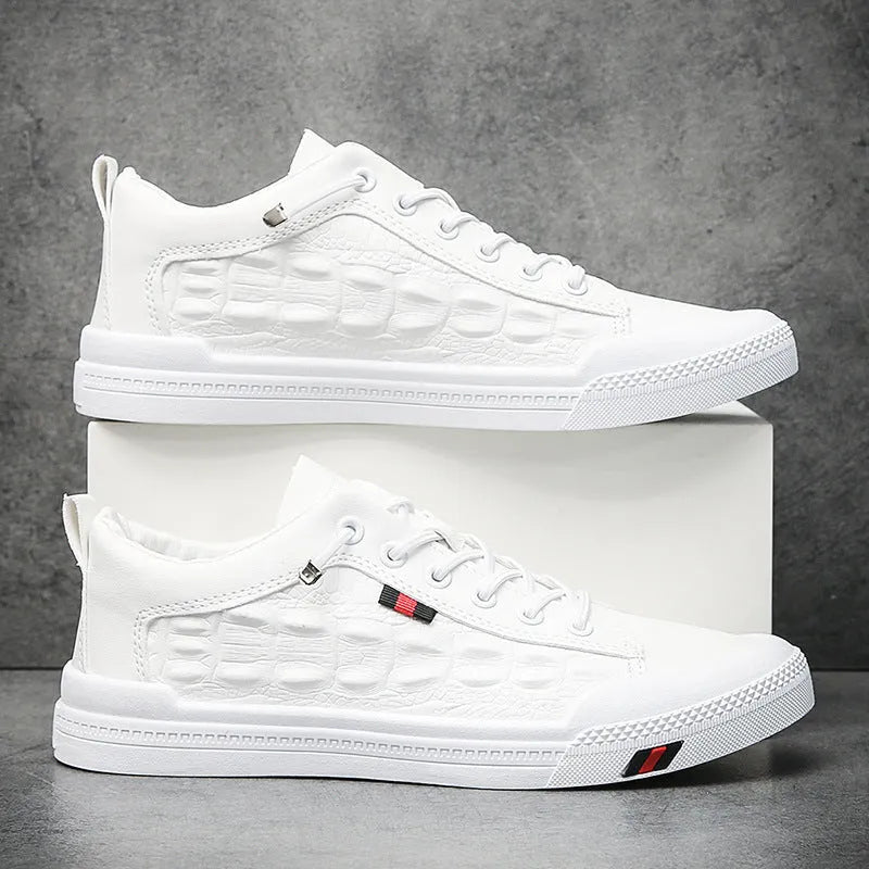 White men's round-toe casual sneakers with lace-up design and flat heel