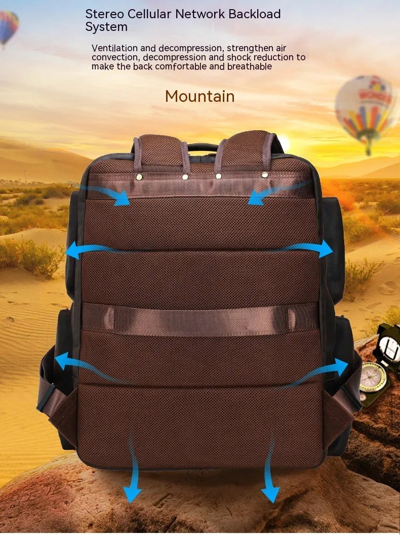 Dark brown retro crazy horse leather backpack for men with double shoulder straps, open front pocket.