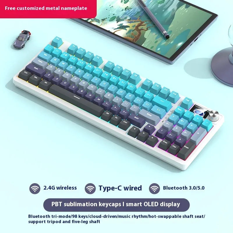 98-key wireless mechanical keyboard kit with metal control knob and optional display screen