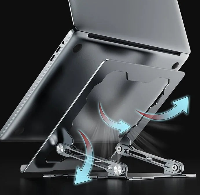 Grey aluminium adjustable laptop stand folded and unfolded on a wooden desk