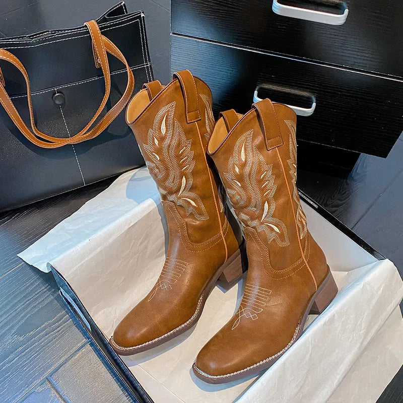 Brown women's embroidered mid-calf Martin boots with leather lining and square heel