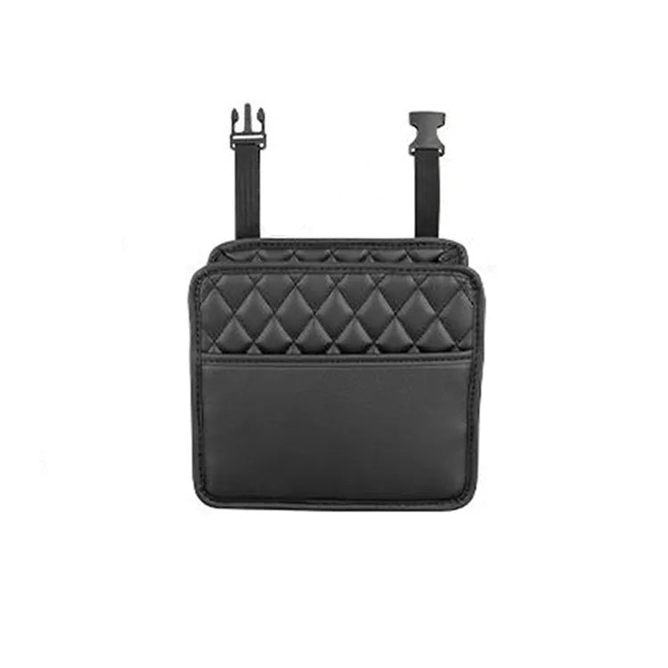 Black leather hanging storage bag for car interior, showing size and hanging loop.