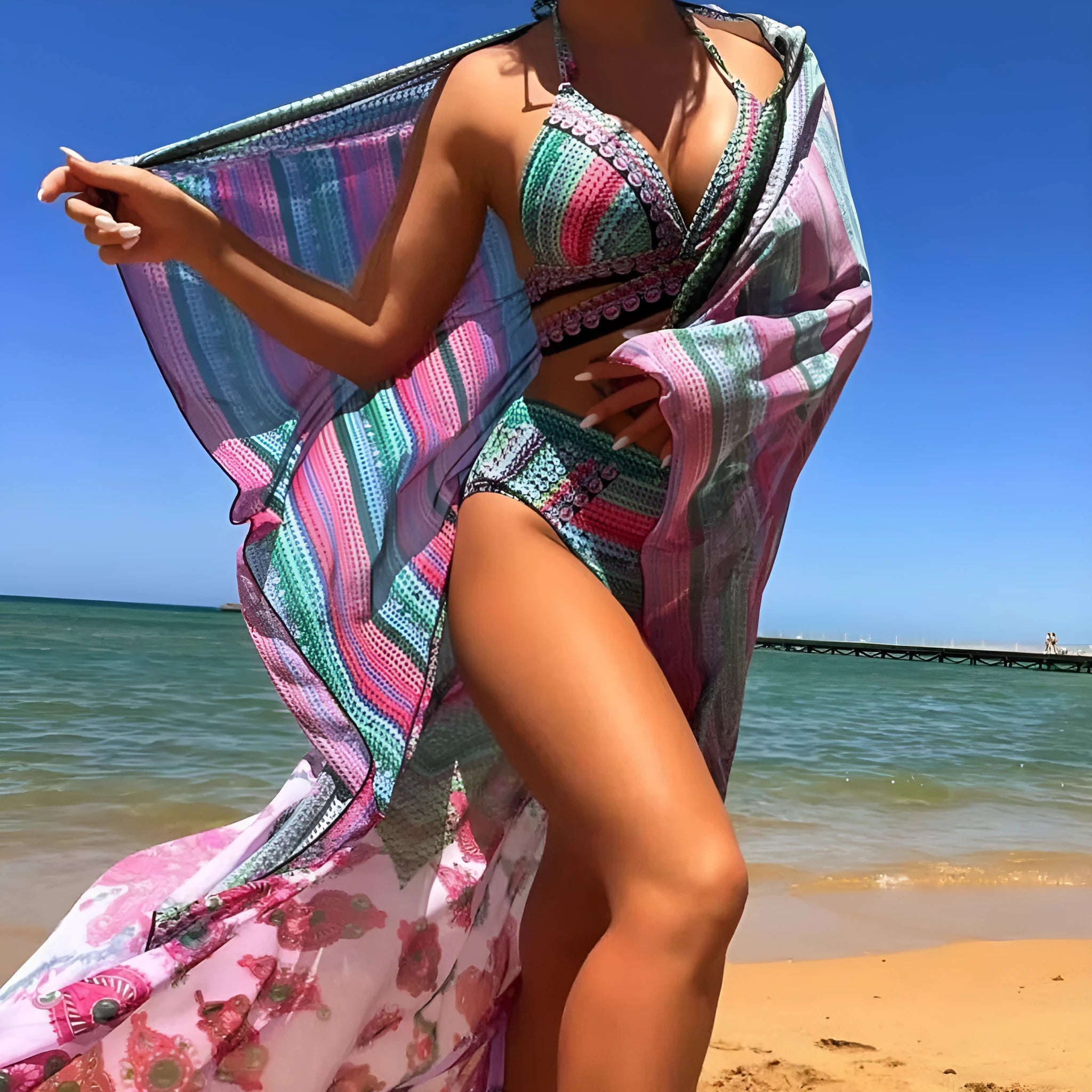 Three-piece high waist bikini swimsuit set with bandage design and veil details