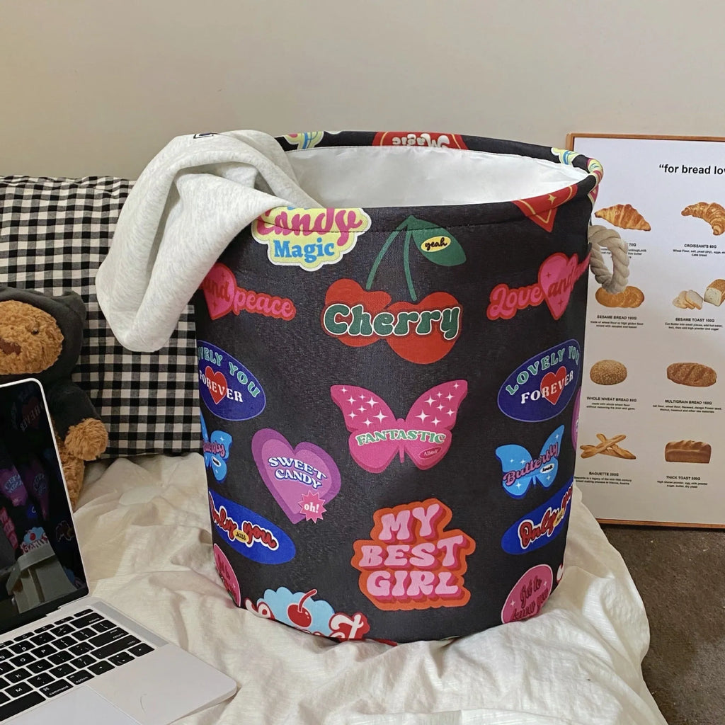 Foldable cotton cloth laundry basket with bear print design for bedroom storage