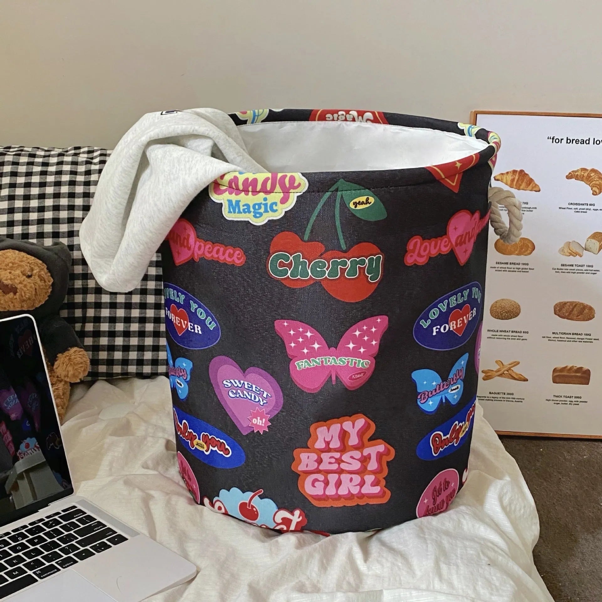 Foldable cotton cloth laundry basket with bear print design for bedroom storage