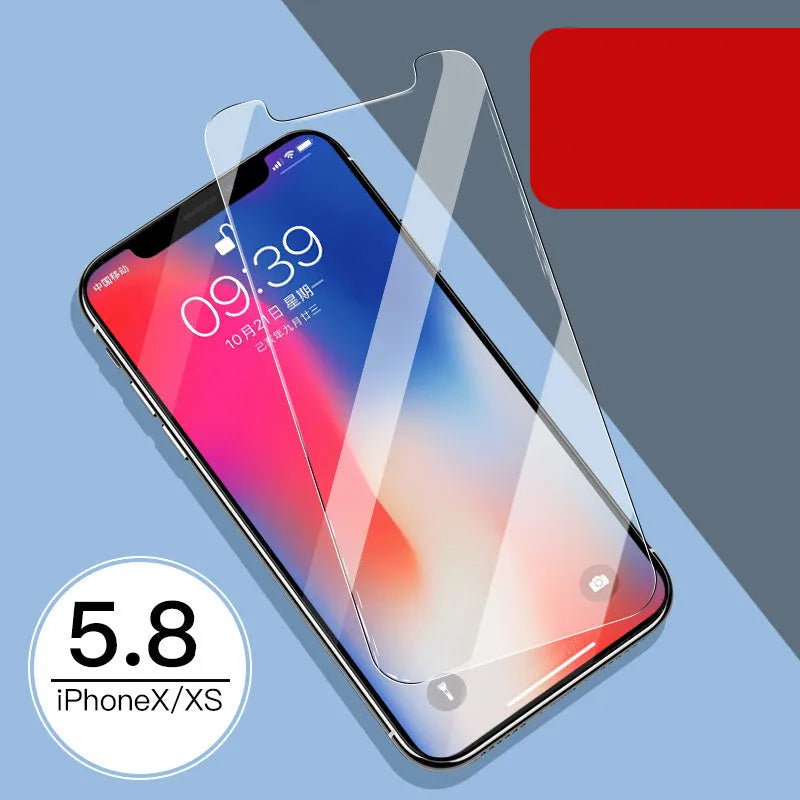 Tempered glass screen protector for Apple iPhone showing front half-screen film and rear film with 10D explosion-proof edges.