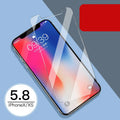 Tempered glass screen protector for Apple iPhone showing front half-screen film and rear film with 10D explosion-proof edges.