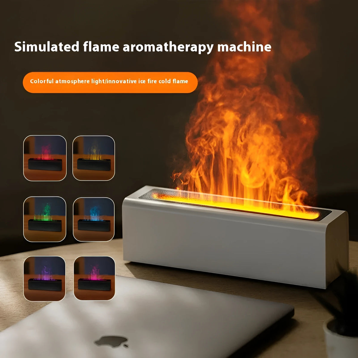 Square USB aromatherapy diffuser with colourful simulated flame effect and humidification function