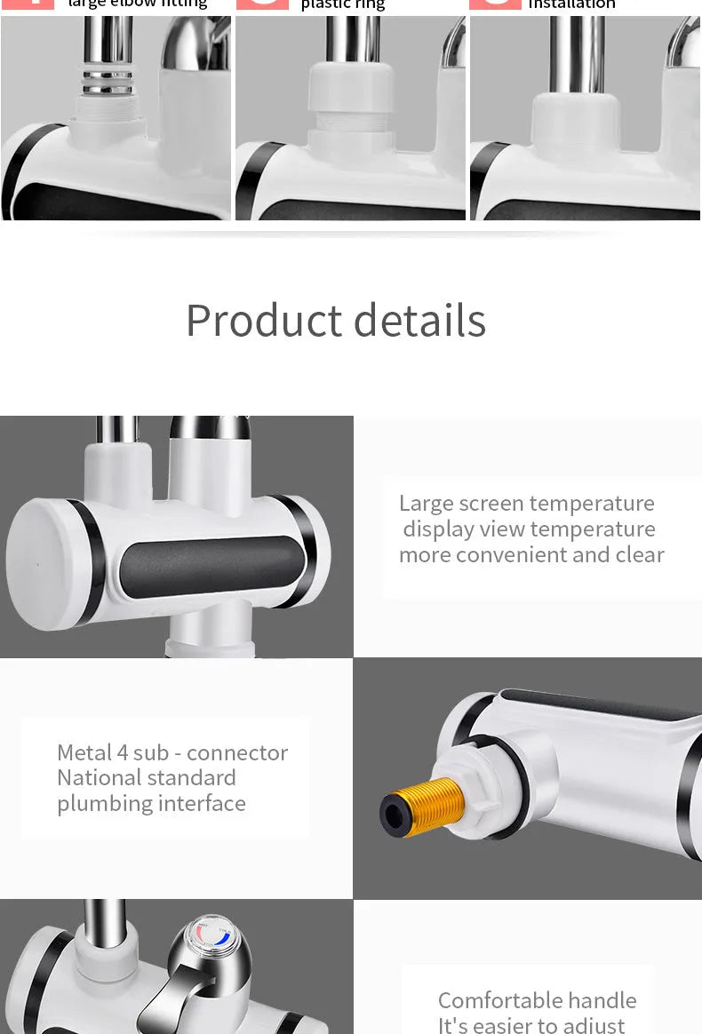 White 3000W instant electric water heater tap with digital temperature display and EU US plug options