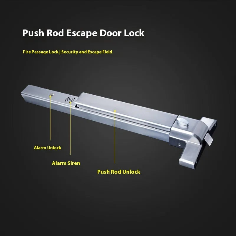 Stainless steel fire door push lock with an external handle on a 65cm wide door.