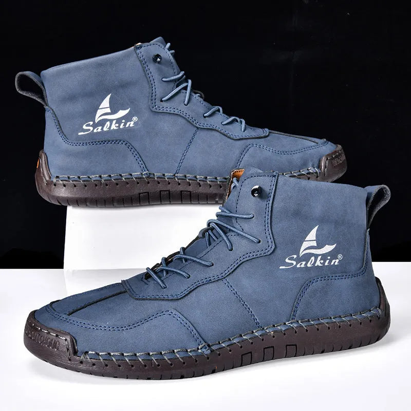 Retro high-top boots with frosted finish, round toe, and elastic band entry