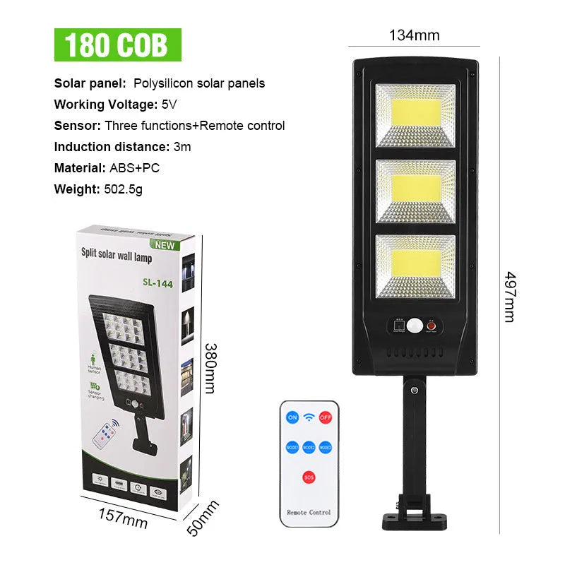 Solar-powered plastic street light with remote control for wall mounting in gardens and outdoor areas