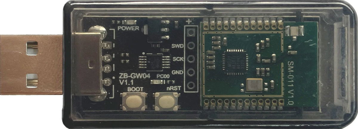 Silicon Labs EFR32MG21 Zigbee USB dongle with plastic shell and USB connector.