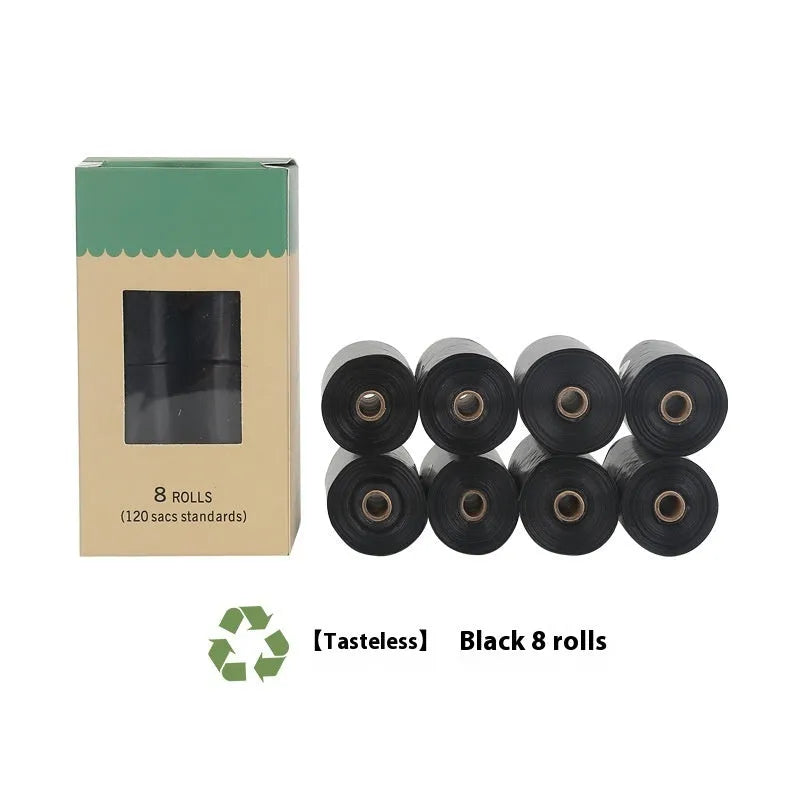 EPI degradable pet waste bag rolls in green, black, blue, and orange colours with a capsule dispenser.