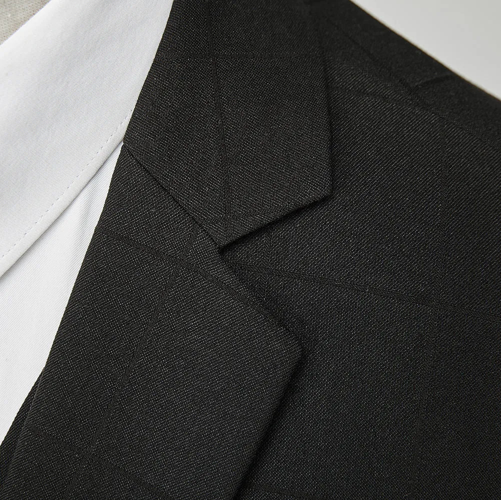 Men's navy blue slim fit plaid three-piece suit with jacket, vest, and trousers on a hanger.