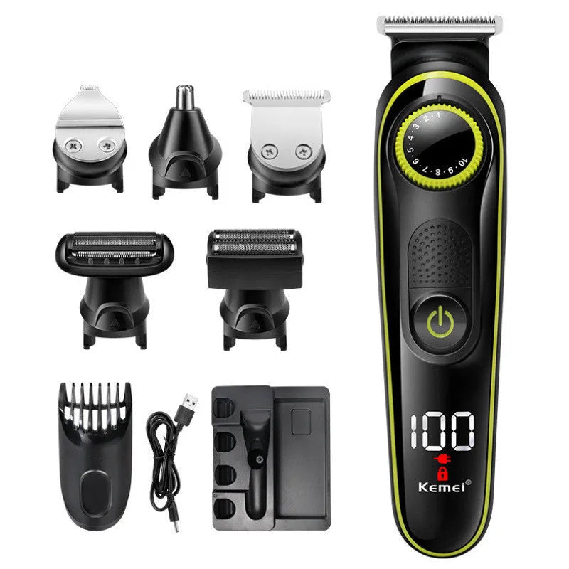 Black rechargeable electric hair clipper set with USB cable and stainless steel blade