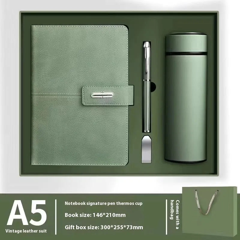 A5 notebook with a PU leather cover, open to show wood-free paper pages.