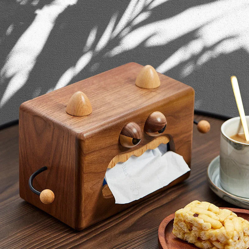 Little Monster cartoon wooden tissue box in walnut beech colour measuring 190mm wide