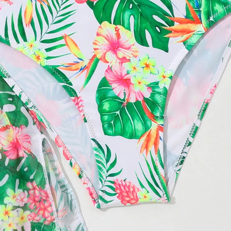 Girls' two-piece floral swimsuit in polyester for swimming, sizes 130-160cm