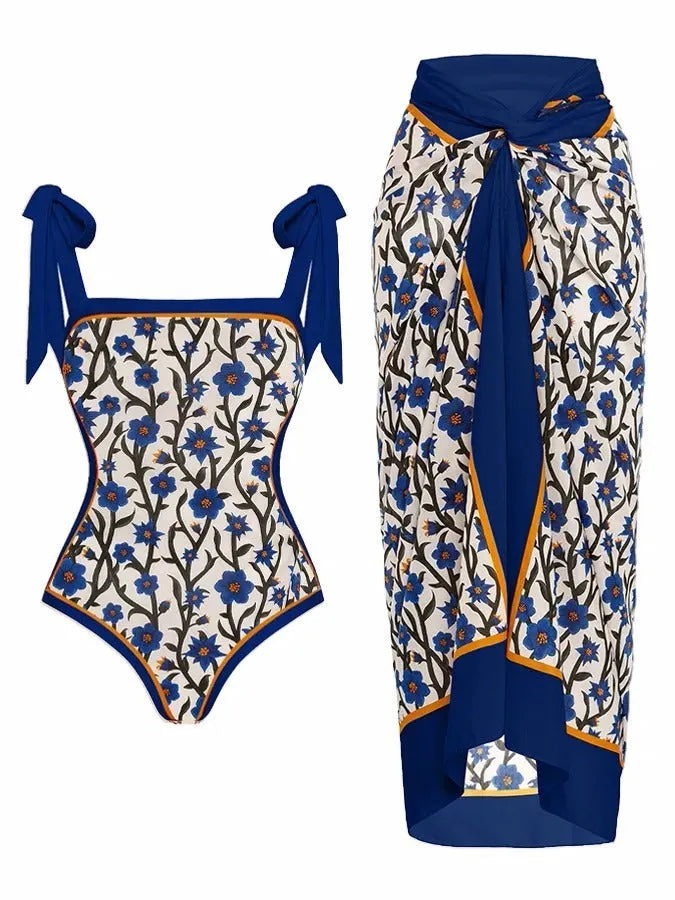 Women's printed two-piece chiffon swimsuit with matching hip skirt in polyester fabric