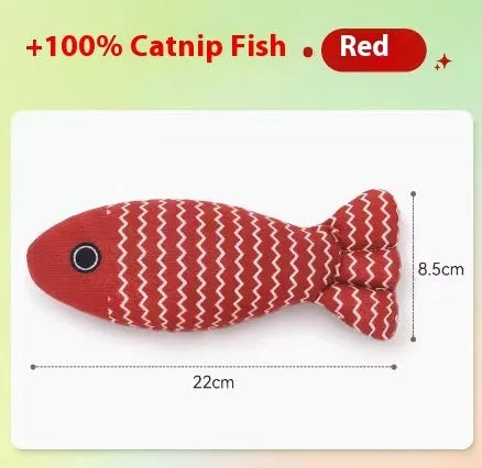 Blue, red, and yellow fish-shaped cat toys in large and medium sizes on a white background.