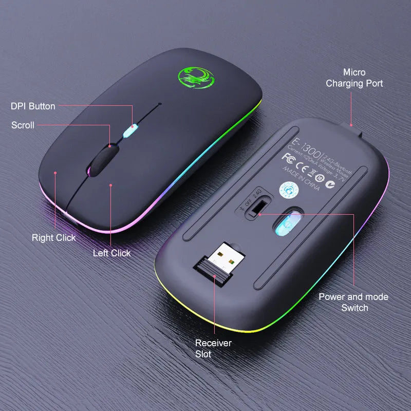 Luminous wireless silent mouse with dual-mode connectivity and rechargeable battery