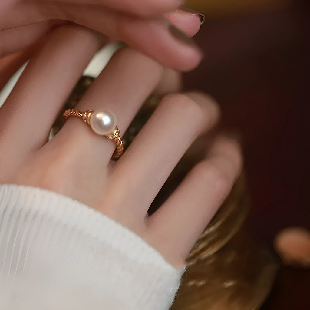 Adjustable copper antique twist pearl ring with geometric design in gold and silver finishes