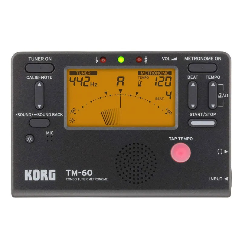 TM-60 digital tuner metronome in black or white plastic shell with display and controls