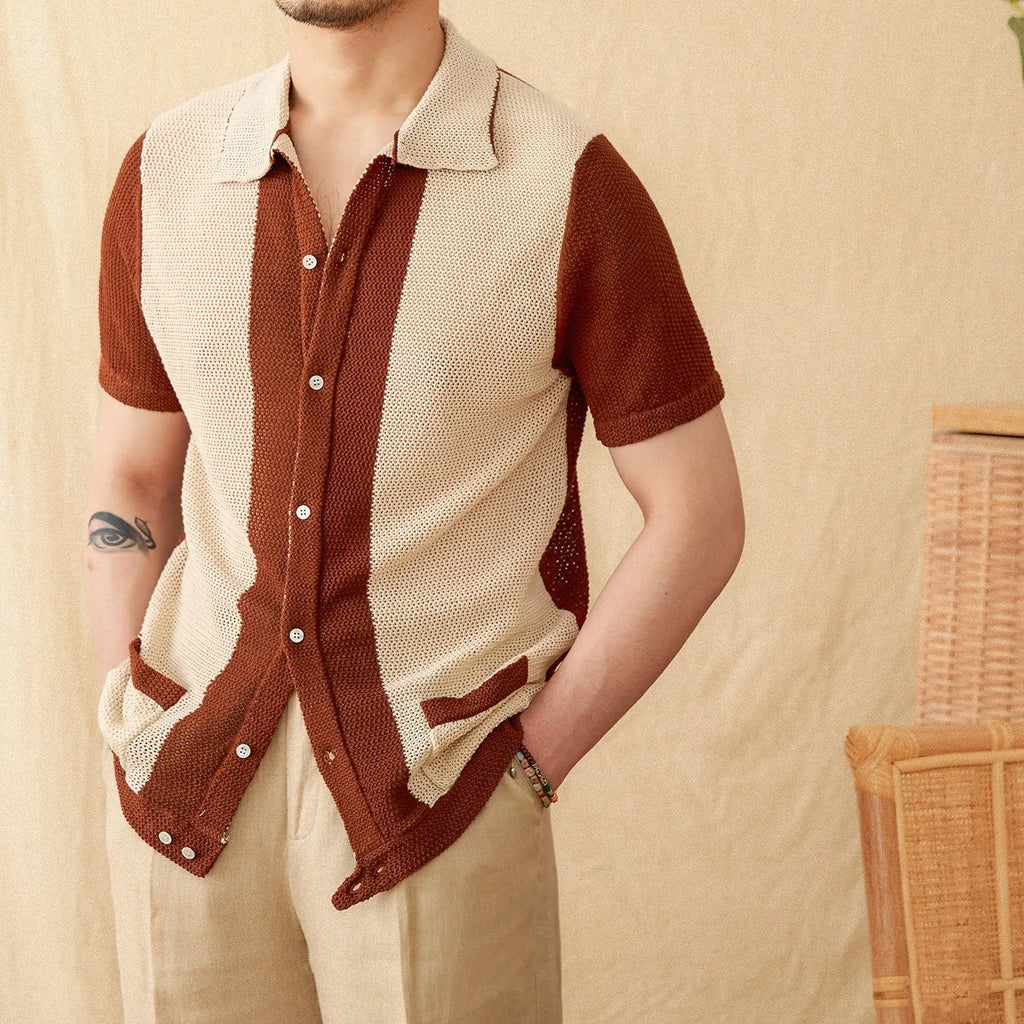 Beige women's short-sleeved cardigan with a lapel collar, made from a thin linen and cotton blend knit fabric.