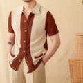 Beige women's short-sleeved cardigan with a lapel collar, made from a thin linen and cotton blend knit fabric.