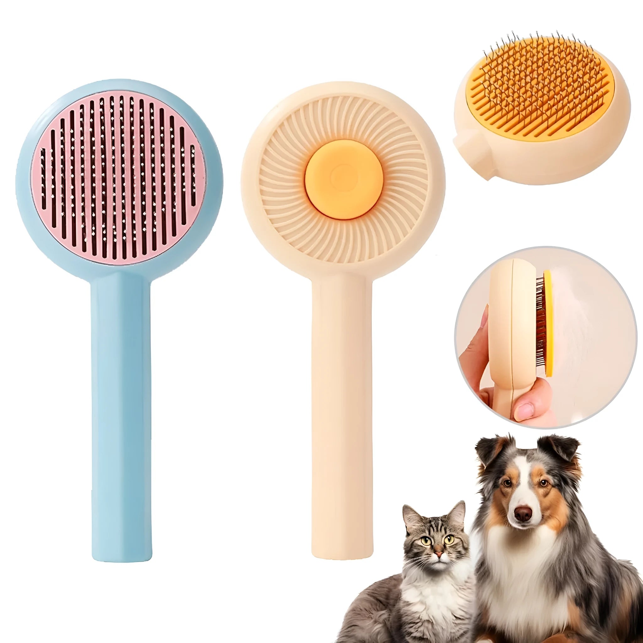 Blue pet grooming brush with metal pins and self-cleaning button for cats and dogs