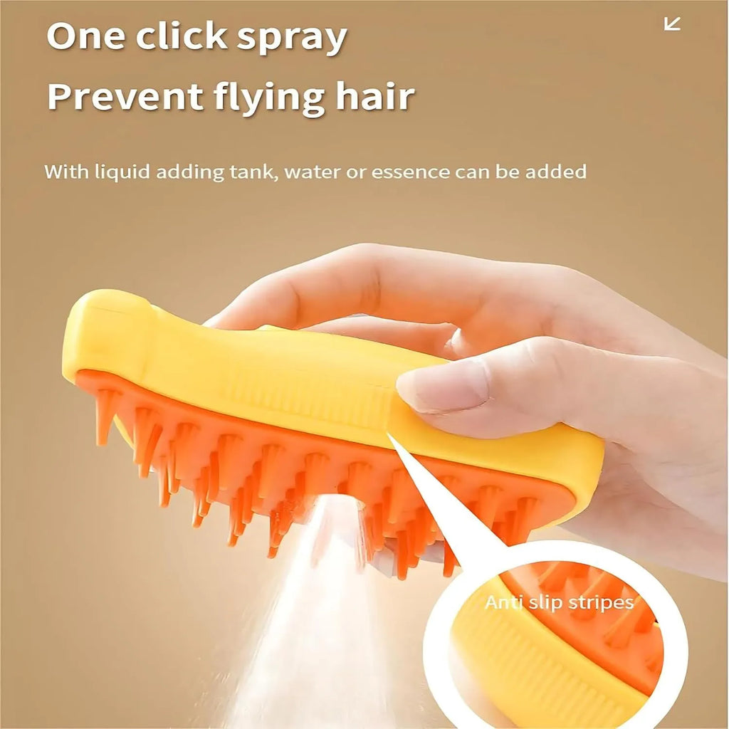 Rechargeable cat steam grooming brush with round teeth and cat paw ends in green or yellow colour