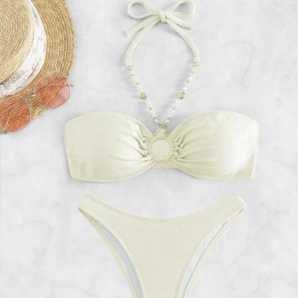 Women's solid colour halter bikini in creamy-white, green, black or pink for swimming