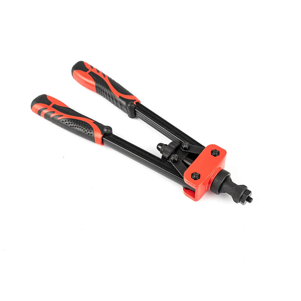 CQ14 14-inch alloy rivet nut pull-setter tool with six metric gun tips on grey background