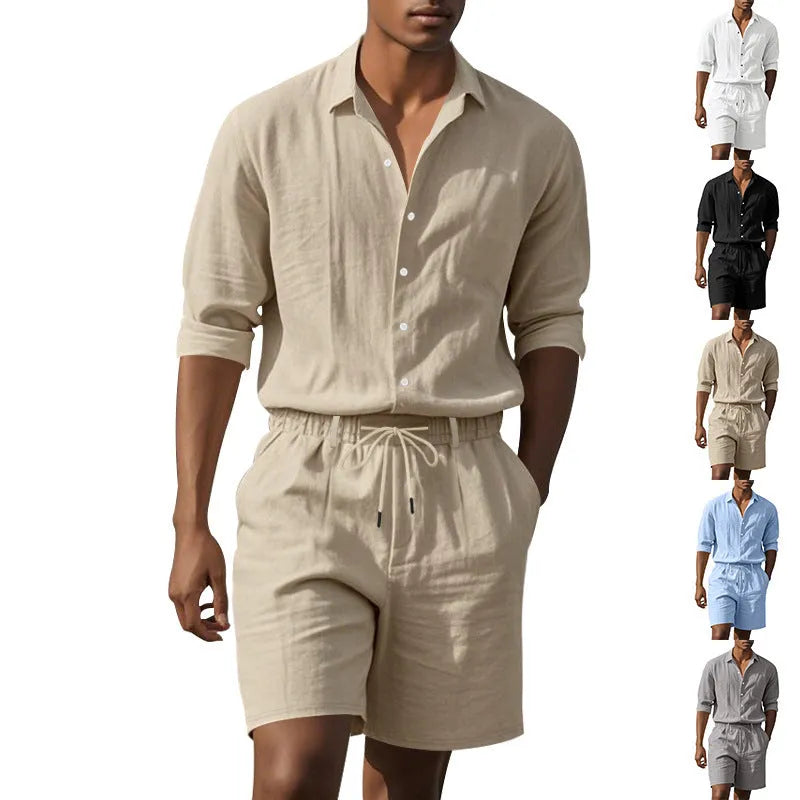Linen beach suit set showing long sleeve shirt and matching shorts in light blue colour