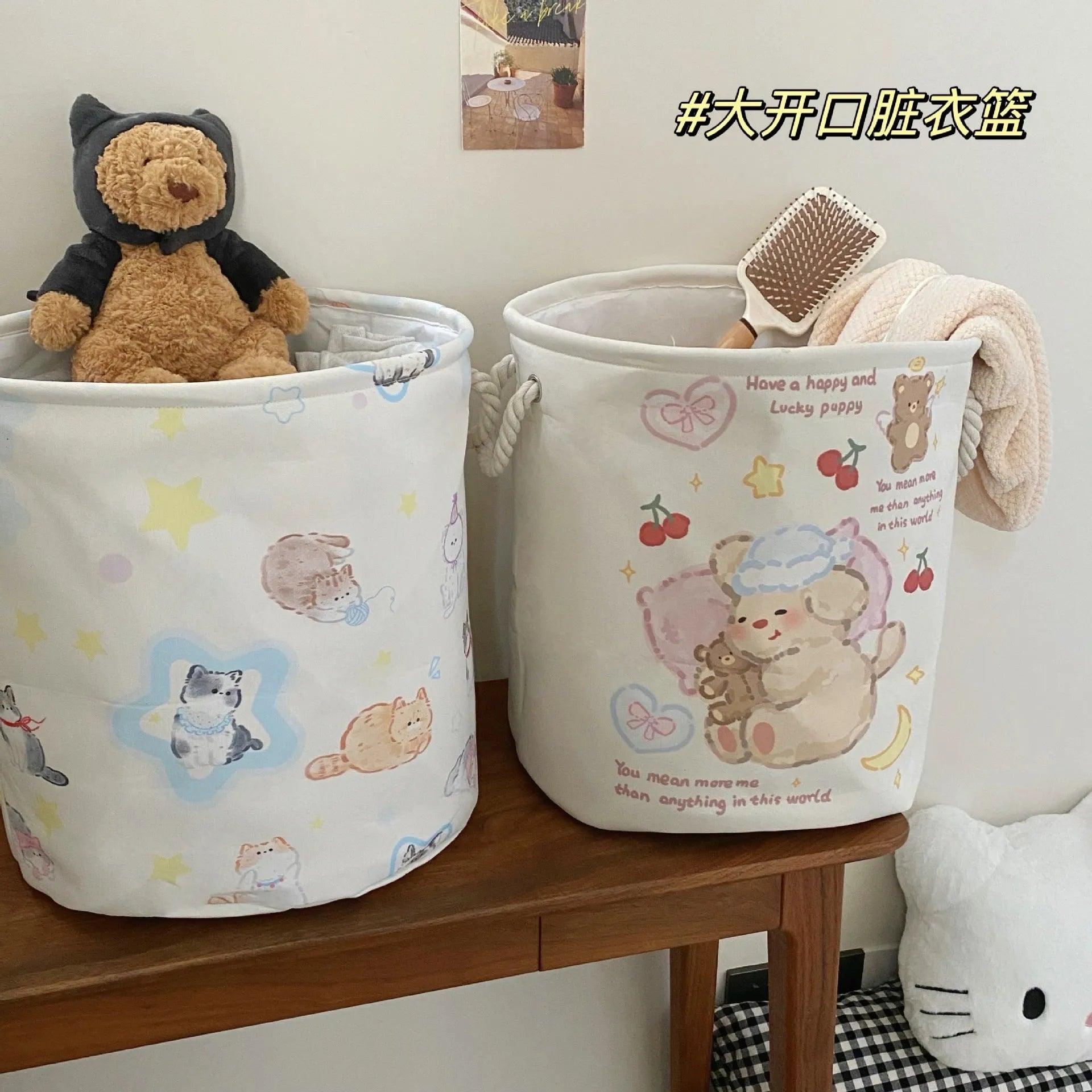 Foldable cotton cloth laundry basket with bear print design for bedroom storage