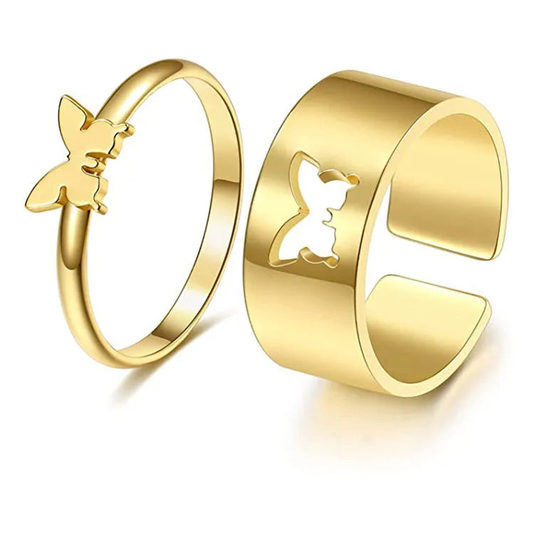Adjustable copper couple rings with bow and heart design, electroplated in gold or silver, two-piece unisex set