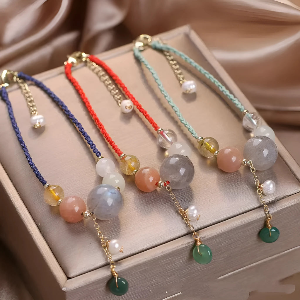Hand-woven peace buckle bracelet with crystal beads and sequins in red, green, or blue colour options