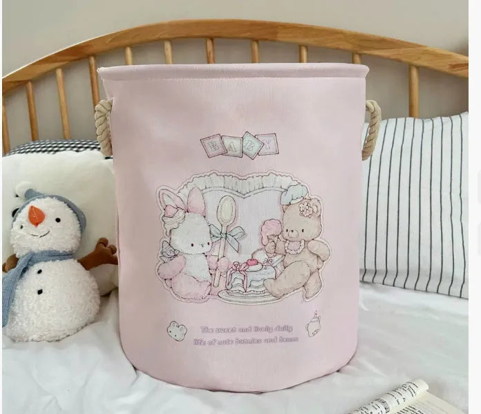 Foldable cotton cloth laundry basket with bear print design for bedroom storage