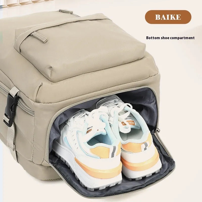 Large capacity waterproof Oxford cloth backpack in solid color with curved shoulder straps for travel and school use