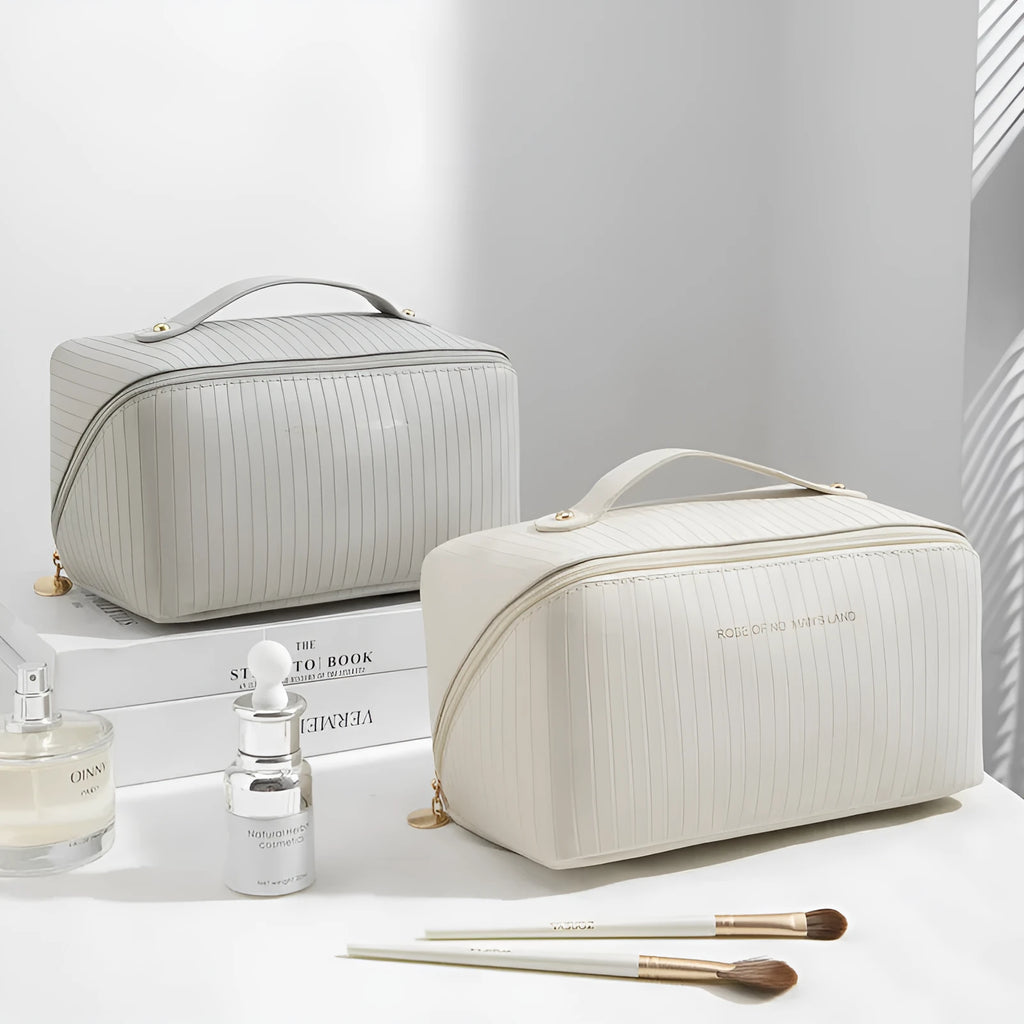Cubic vertical pattern PU makeup bag in beige available in multiple colours for travel storage