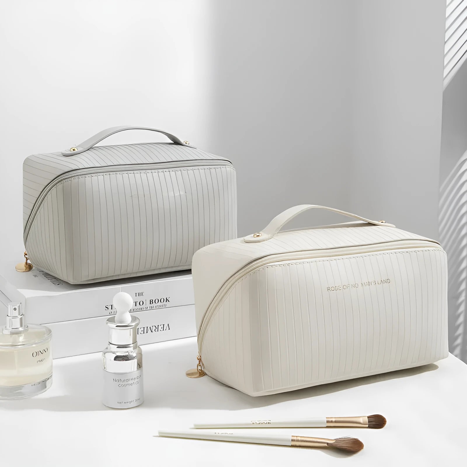 Cubic vertical pattern PU makeup bag in beige available in multiple colours for travel storage